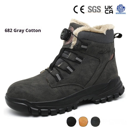 A pair of black leather labour protection safety shoes with rubber soles on a plain background.
