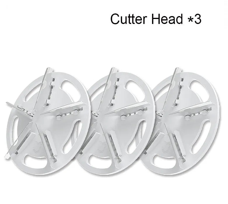 White rechargeable bulb remover tool with plastic case, 145x62x65mm, shown with cutter head options.