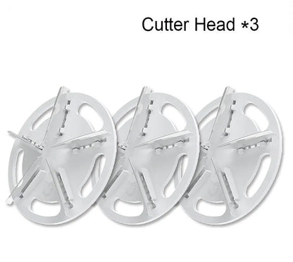 White rechargeable bulb remover tool with plastic case, 145x62x65mm, shown with cutter head options.