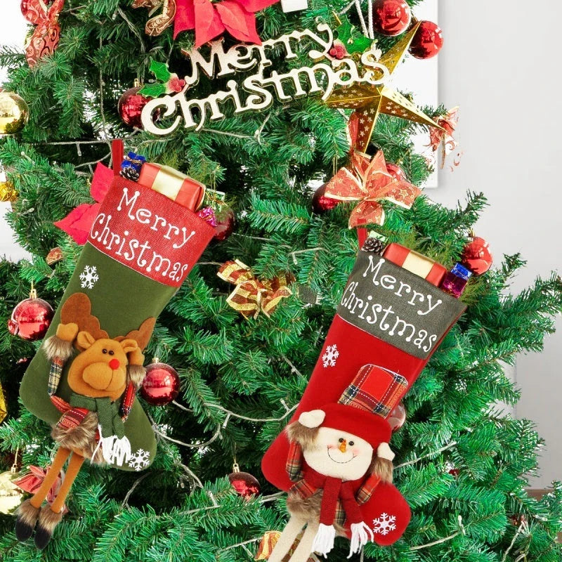 Cozy Christmas stockings with 3D appliqué designs of Santa, Snowman, and Reindeer characters