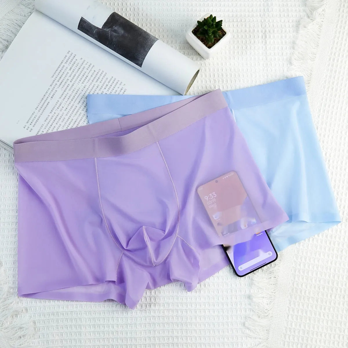Ice silk seamless boxer briefs in a solid colour on a white background