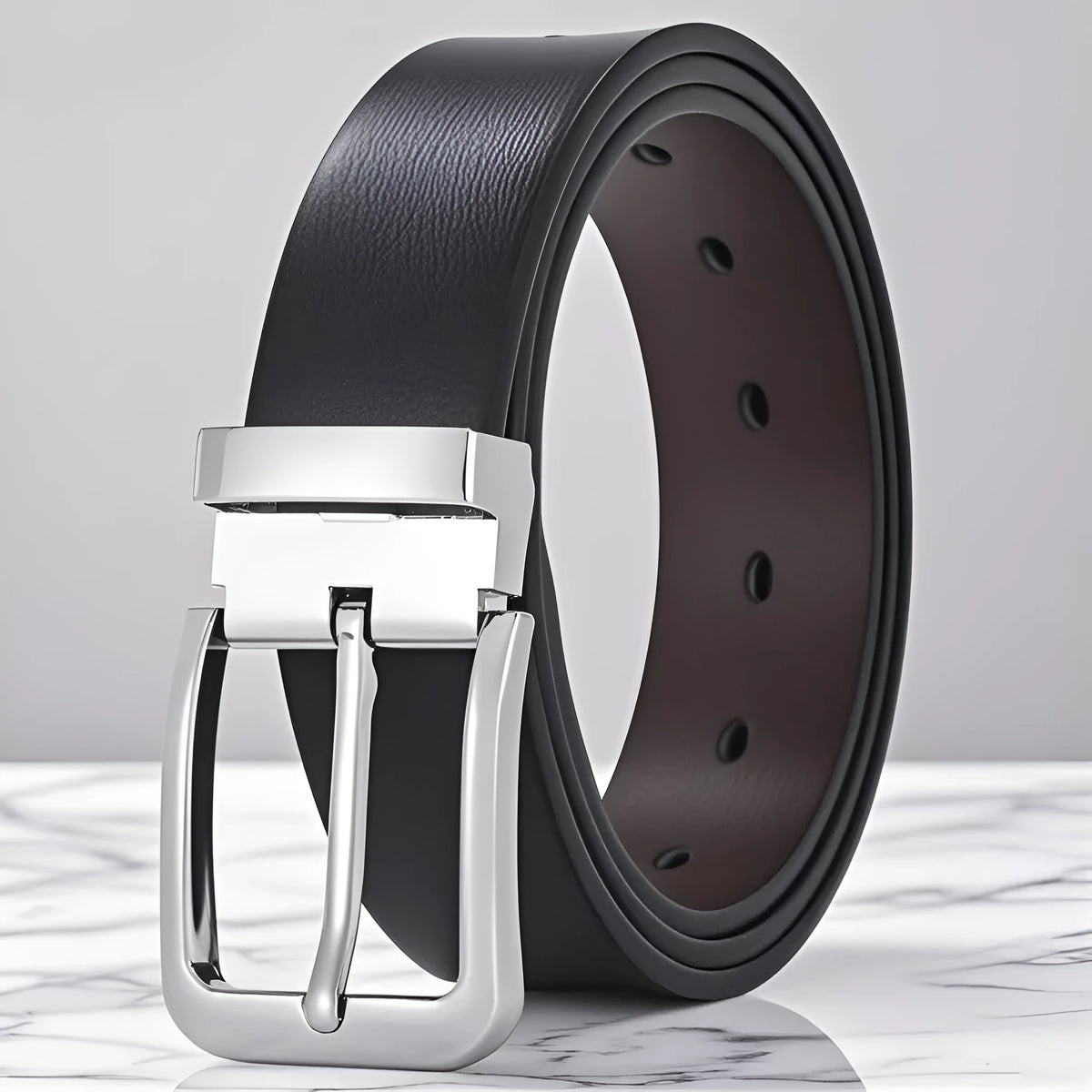Men's genuine leather belt with an alloy pin buckle showing an embossed water drop pattern.