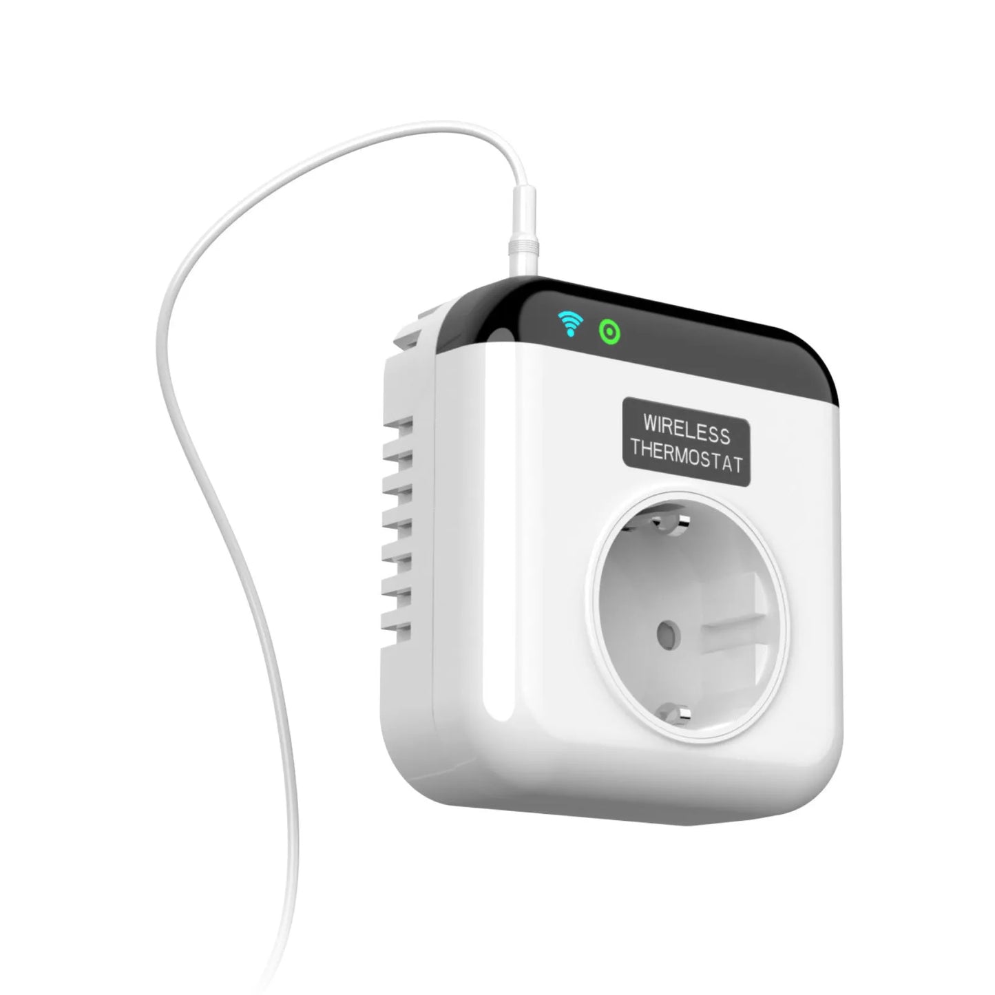 White EU smart socket with two UK outlets featuring remote and voice control