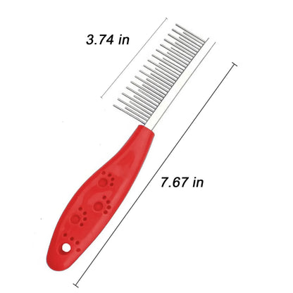 Red stainless steel pet comb with dual-length teeth and plastic handle for dematting dog and cat fur.