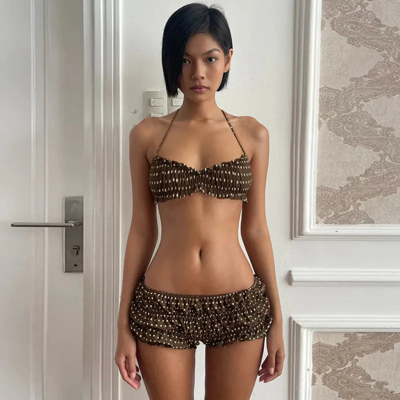 Ladies Polka Dot Contrast Trim Sleeveless Shorts Co-ord Set Brown Polyester Sizes S M L Summer Holiday Beach Outfit Two-Piece Strappy Top and Shorts