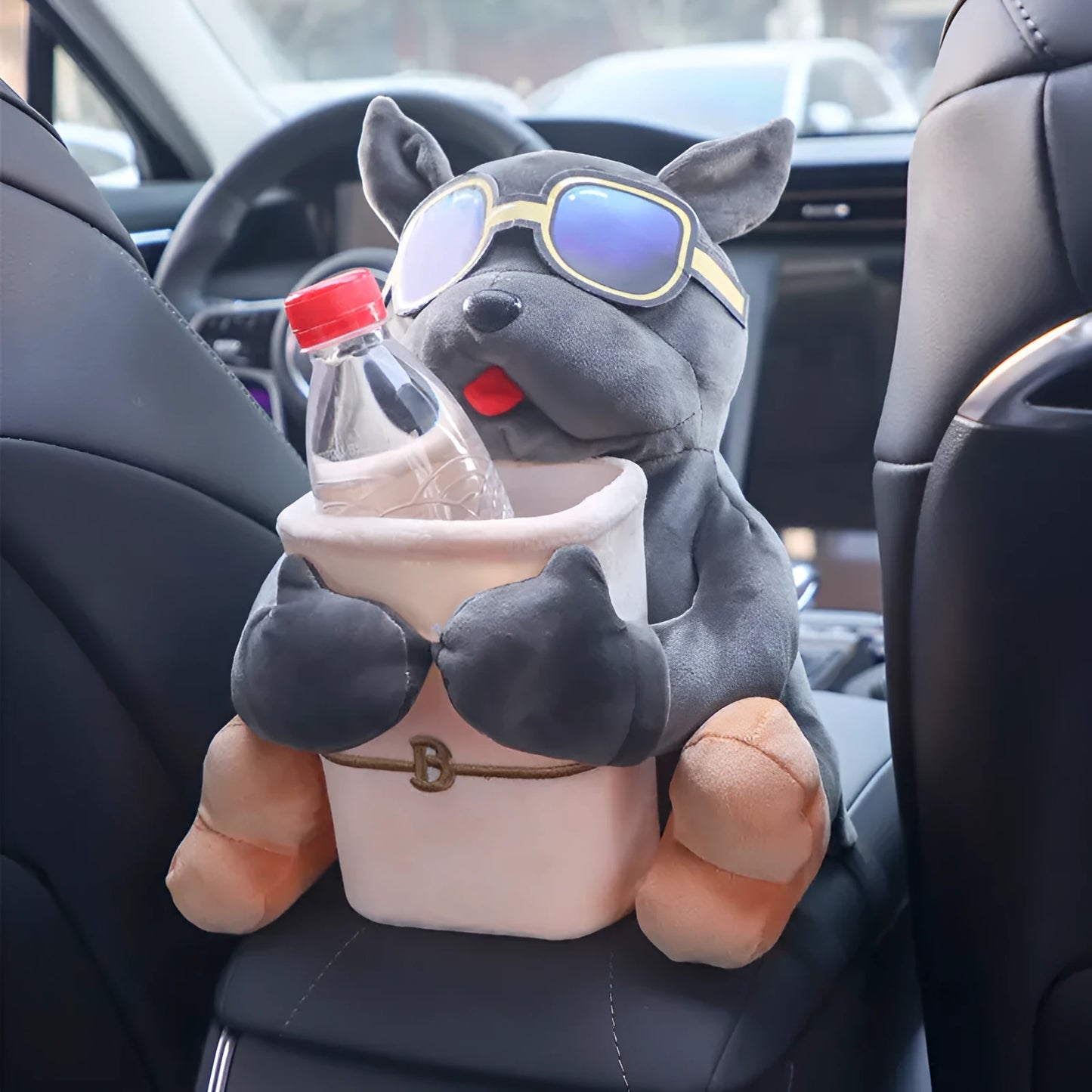 Plush fabric car tissue box organiser hanging from car armrest with flip-top design