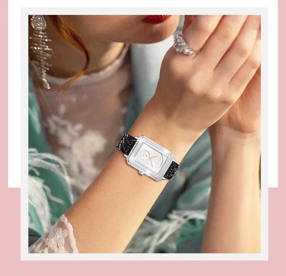 Women's smart bracelet with leather strap showing 1.65-inch HD screen displaying health data.