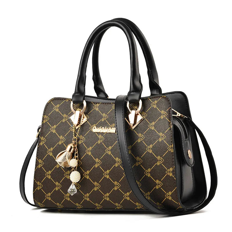 Women's geometric print PU leather messenger bag showing internal card slot, phone pocket, and document bag compartments.