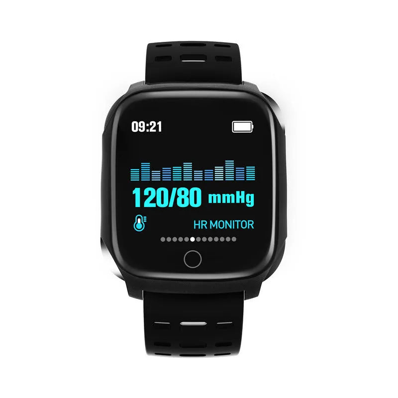 F16 smart watch with ECG and blood pressure monitor on a silicone wristband, showing the 43mm IPS screen.