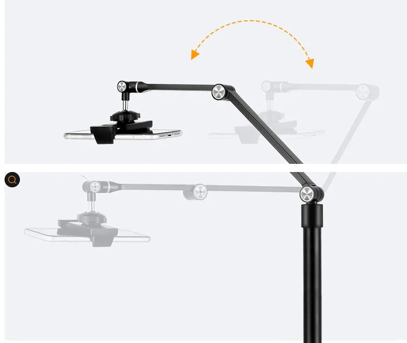 Black aluminium floor stand with USB fill light for mobile phone and tablet live streaming