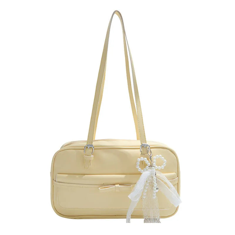 PU single shoulder bag with mobile phone compartment in horizontal square shape with optional pearl bow ornaments