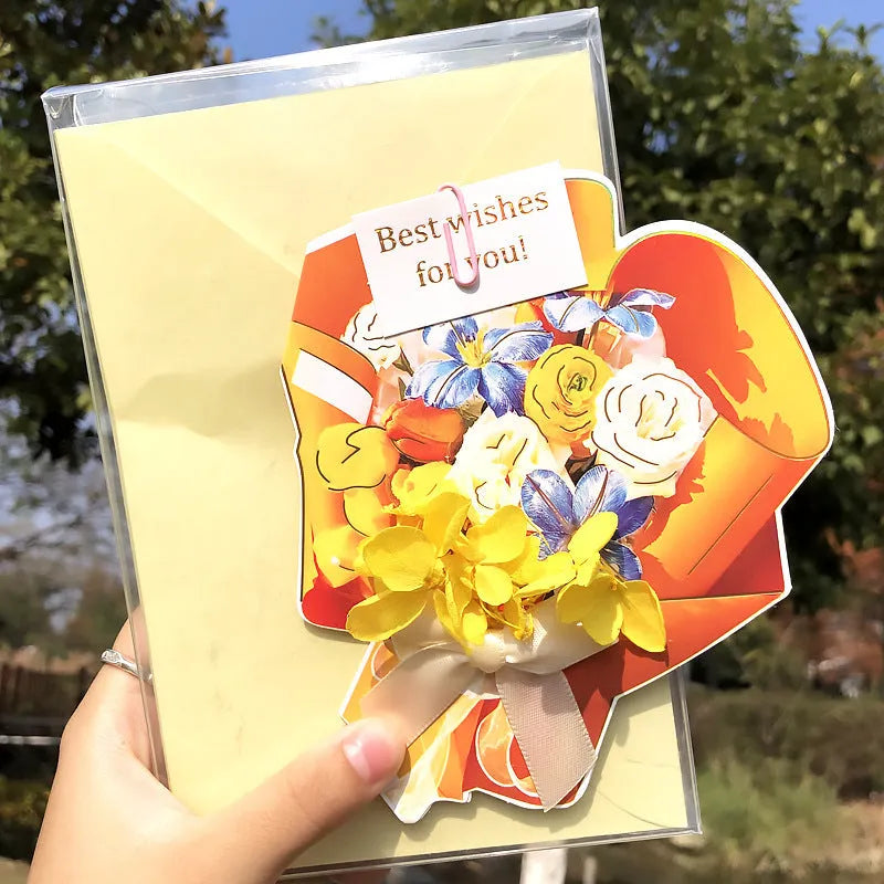 Handmade 3D butterfly greeting card with stand-up artificial flowers on coated paper, 16x10.5cm