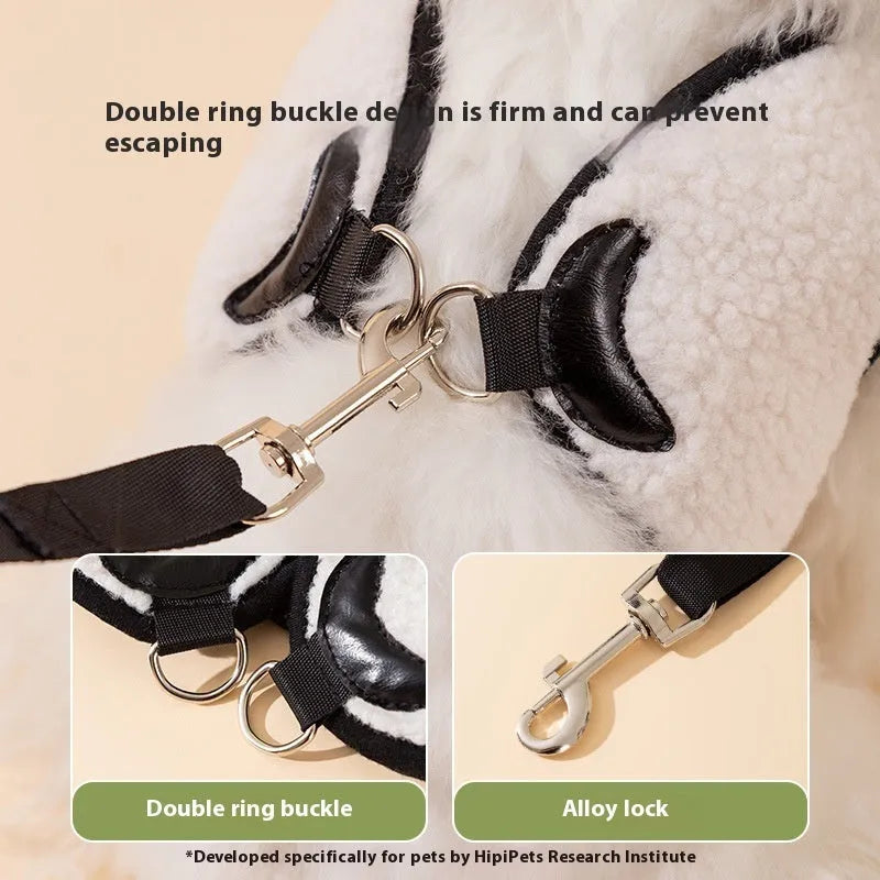 Lambswool animal-shaped dog lead and chest harness set with hand-holding rope in panda and bear designs