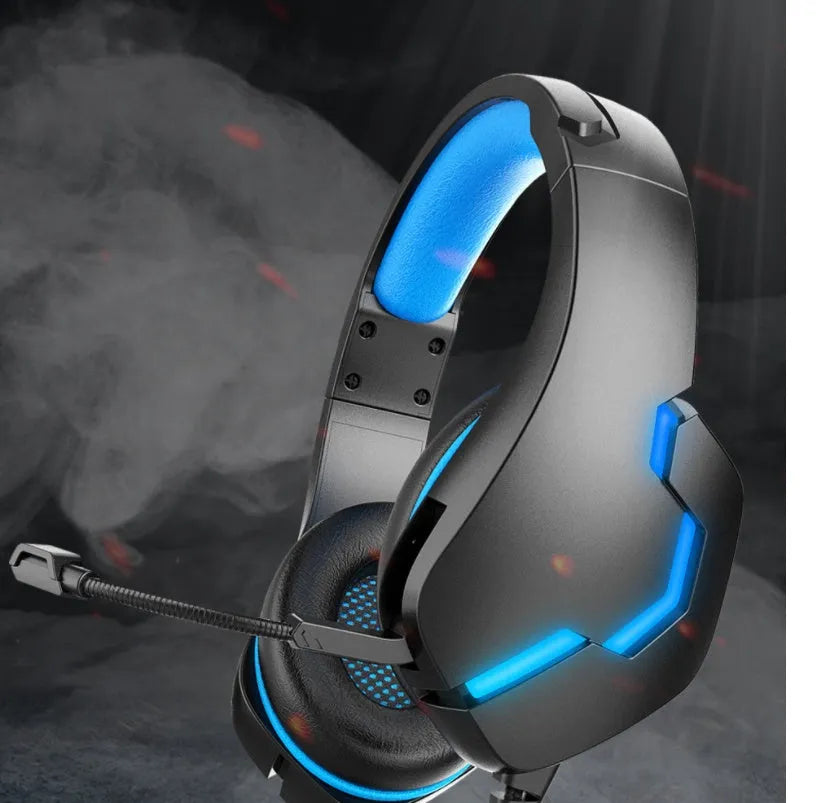 J10 3.5mm wired gaming headset with mic, LED lights, soft PU earmuffs, and blue or red colour options