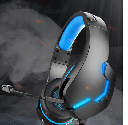 J10 3.5mm wired gaming headset with mic, LED lights, soft PU earmuffs, and blue or red colour options