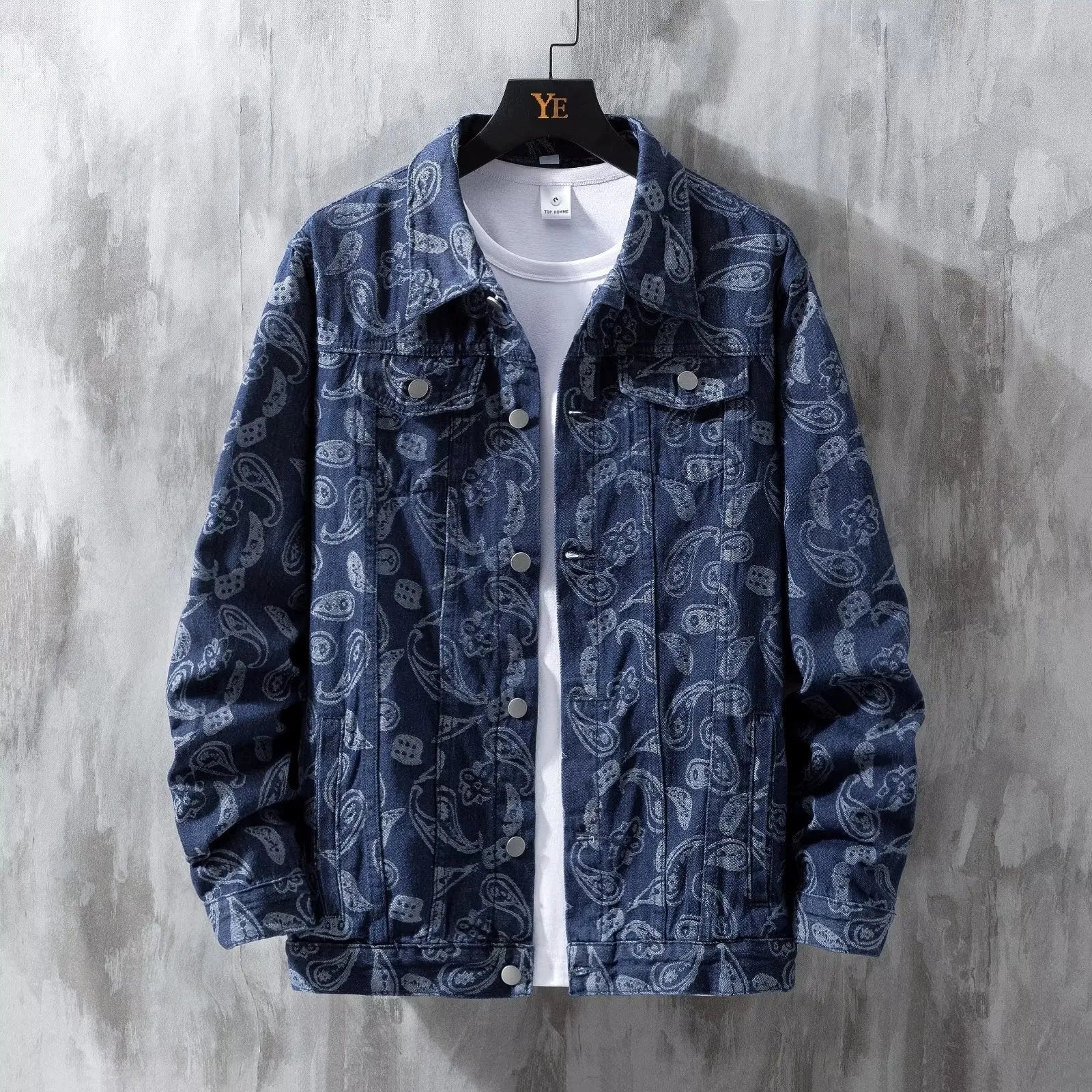 Men's slim fit printed jacquard denim coat in black with patch pockets and drawstring casing