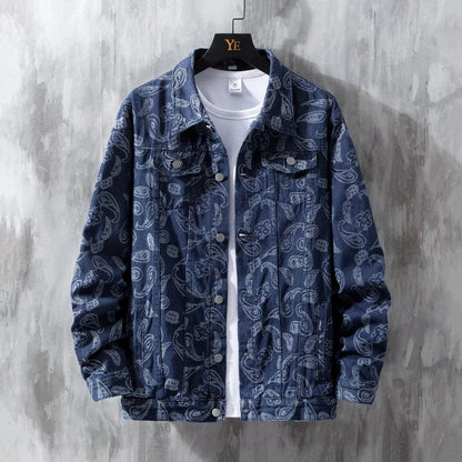 Men's slim fit printed jacquard denim coat in black with patch pockets and drawstring casing
