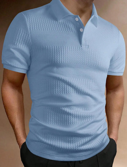 Men's striped loose fit polo shirt with short sleeves and asymmetric design detail in light blue.