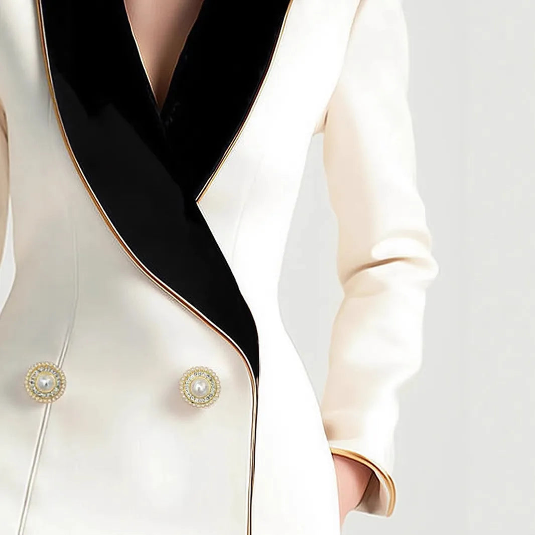 Milky white women's coat with golden edge pearl buttons, long sleeves, medium length