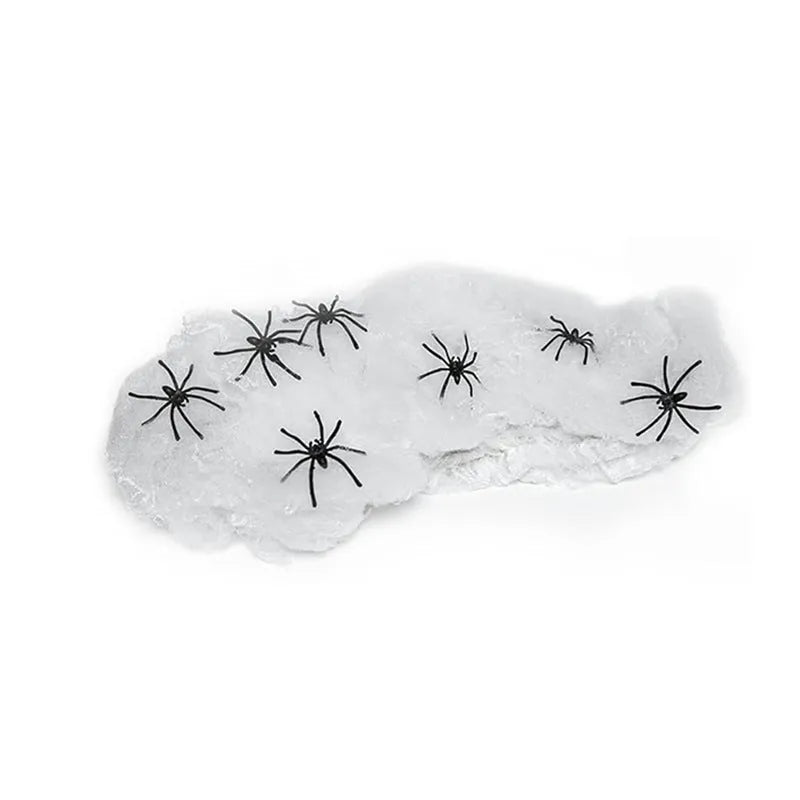 White cotton Halloween spider web decorations with multiple spiders in graduated weight options from 20g to 2000g