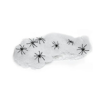 White cotton Halloween spider web decorations with multiple spiders in graduated weight options from 20g to 2000g