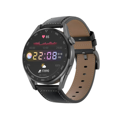 Black Bluetooth smart watch with metal case and leather strap on a wrist, showing call screen.