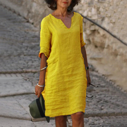 Retro cotton and linen V-neck dress with high waist and summer stitching in various colours
