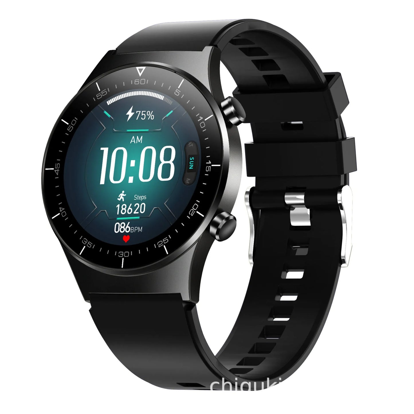 Black smart watch with touchscreen display showing health metrics including heart rate and blood pressure readings