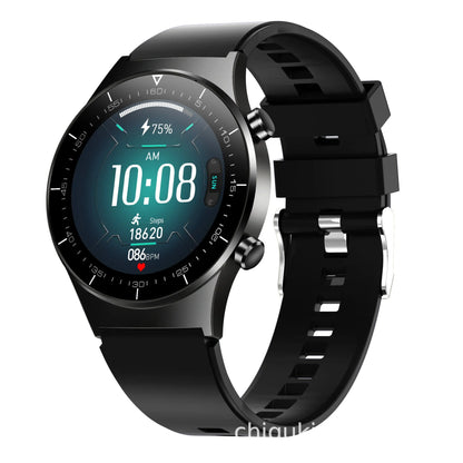 Black smart watch with touchscreen display showing health metrics including heart rate and blood pressure readings
