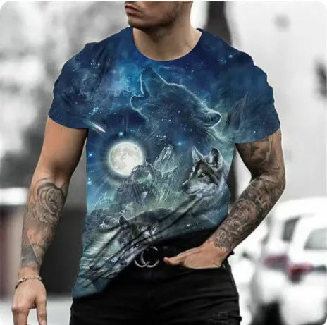 Retro-style men's short-sleeved T-shirt featuring a vibrant 3D animal graphic print on lightweight fabric.