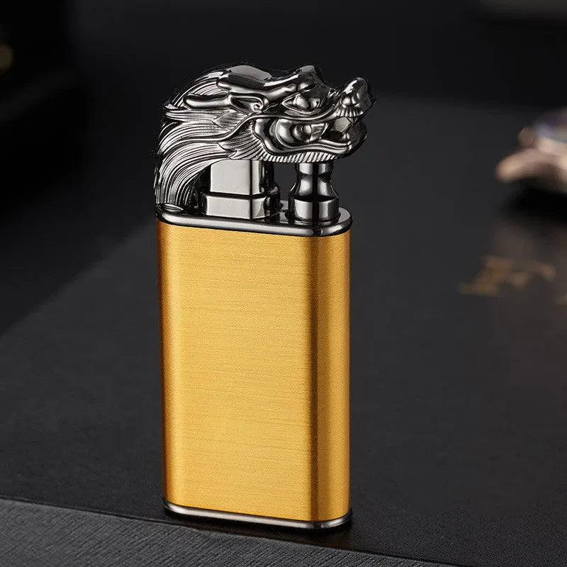 Metal windproof lighter with double flame and dragon design, showing flame from mouth.