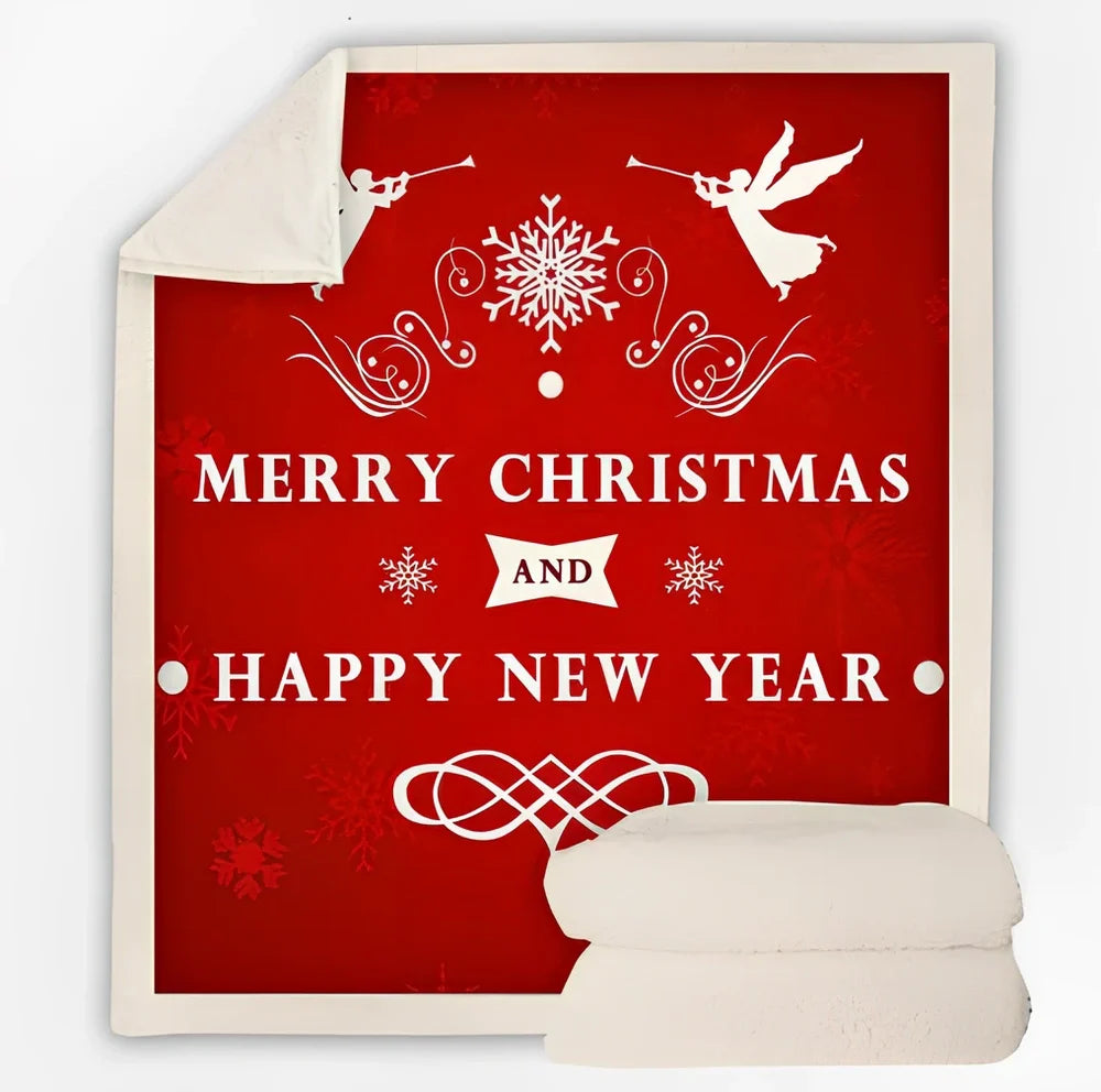 Christmas pattern coral fleece blanket on sofa showing HD printing detail and modern minimalist design