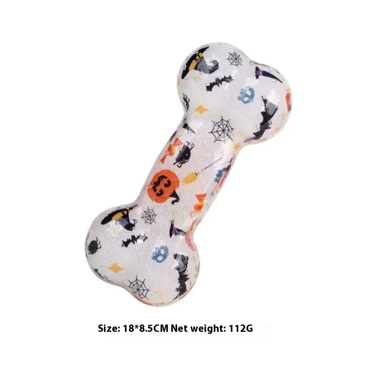 Printed bone TPR dog toy that squeaks when bitten in seasonal colours