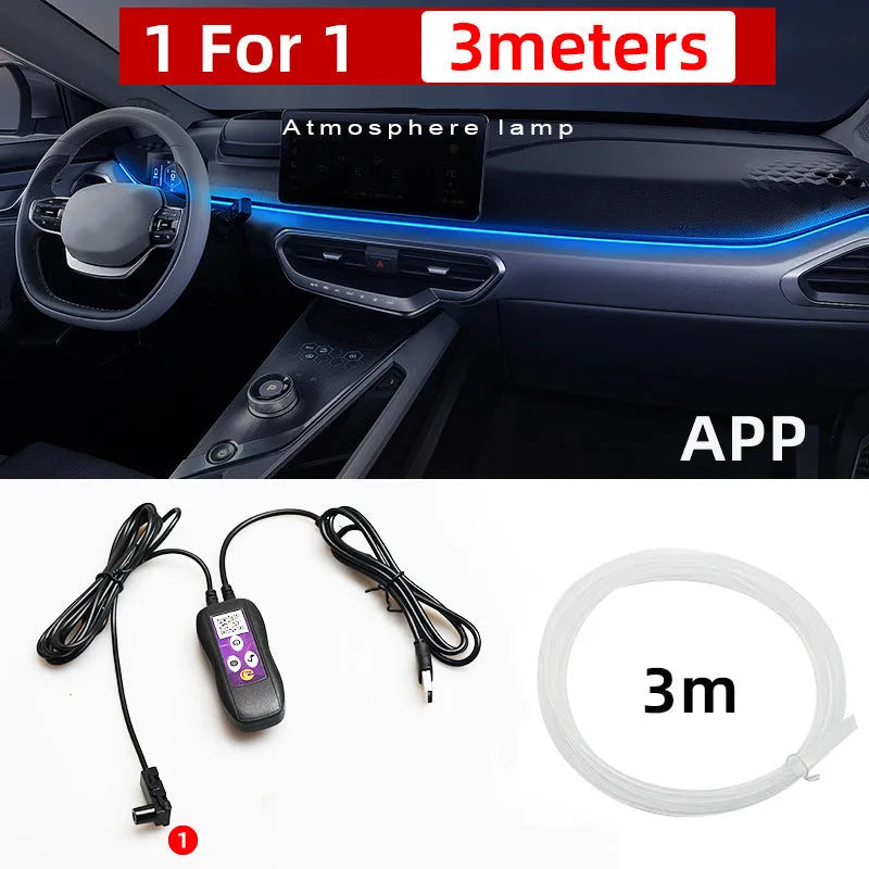 Car USB LED atmosphere lamp showing colour-changing lights installed on centre console and instrument panel