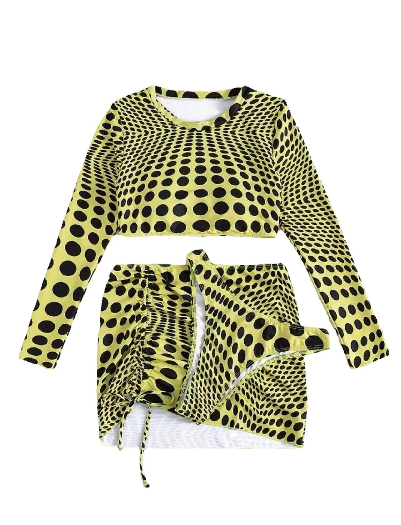 Women's green polka dot three-piece swimsuit set showing top, skirt, and bra