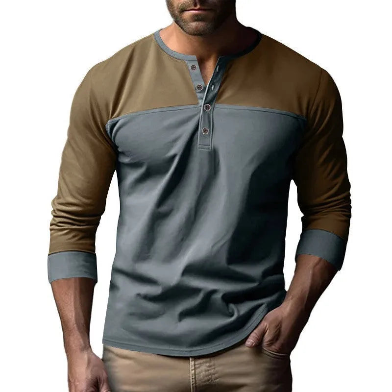Long-sleeve henley collar casual shirt in solid colour, shown in available sizes and colours.