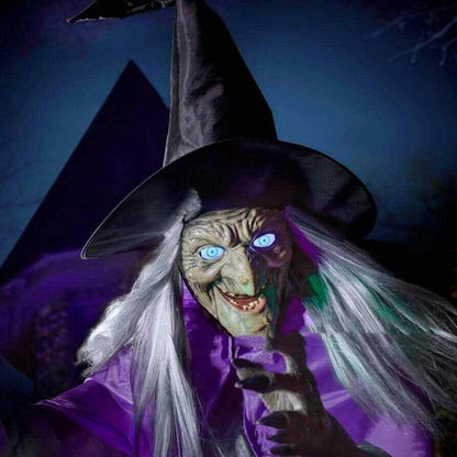 Floating witch Halloween decoration with broom, lifelike scary face, and purple hovering skirt