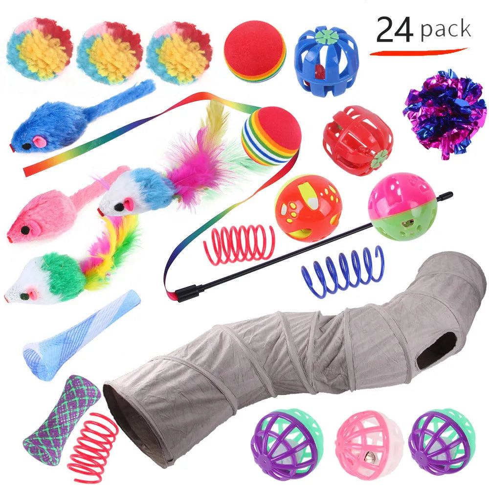 Plastic cat toy set with coloured tunnel channels and a ball for interactive indoor play.