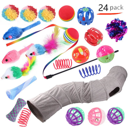 Plastic cat toy set with coloured tunnel channels and a ball for interactive indoor play.