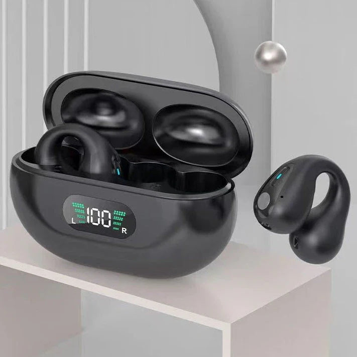 Bone conduction Bluetooth earphones with powerful bass, comfortable ear clip design, and long-lasting battery life