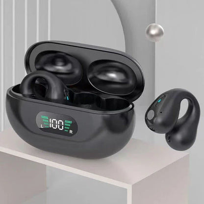 Bone conduction Bluetooth earphones with powerful bass, comfortable ear clip design, and long-lasting battery life