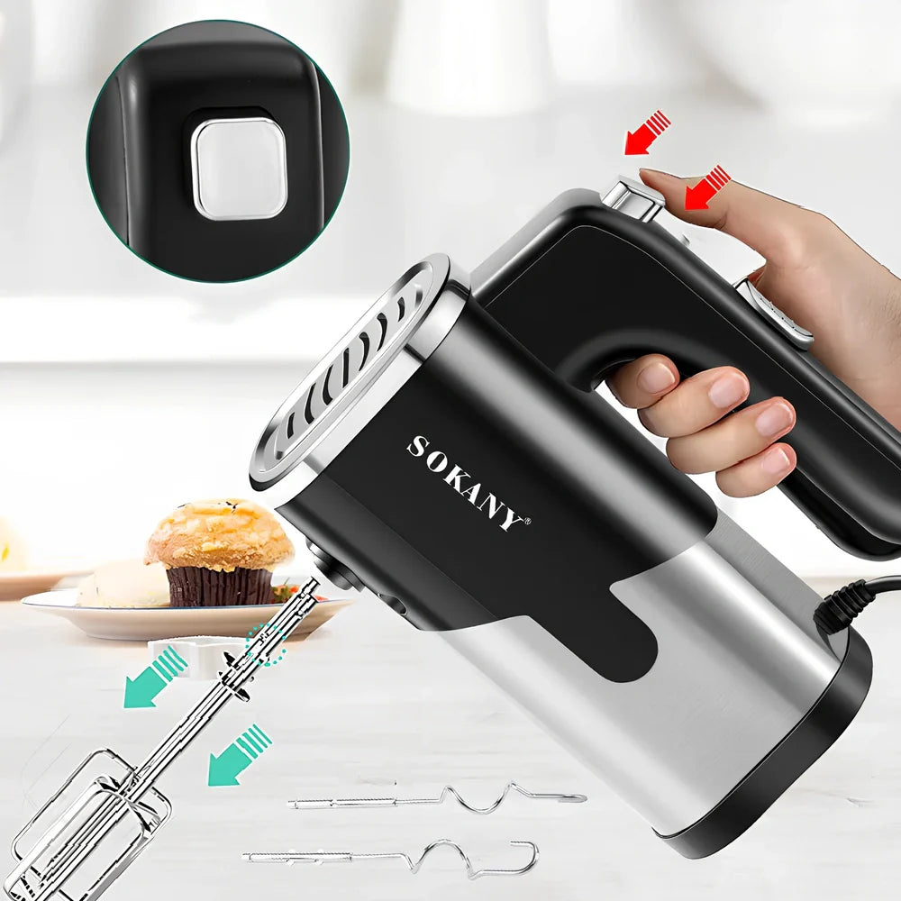 Black handheld electric whisk with stainless steel beaters and five speed buttons