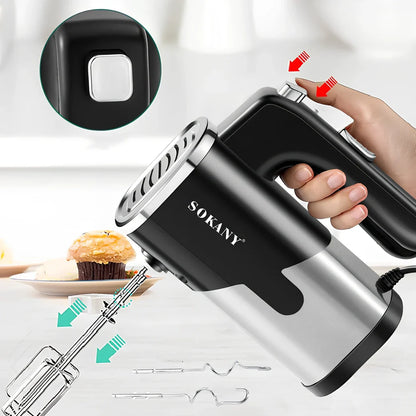 Black handheld electric whisk with stainless steel beaters and five speed buttons