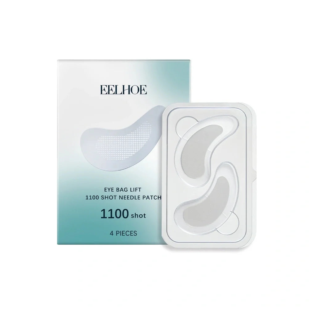 Four hyaluronic acid hydrogel eye patches on skin showing 4cm x 2cm size for under-eye treatment