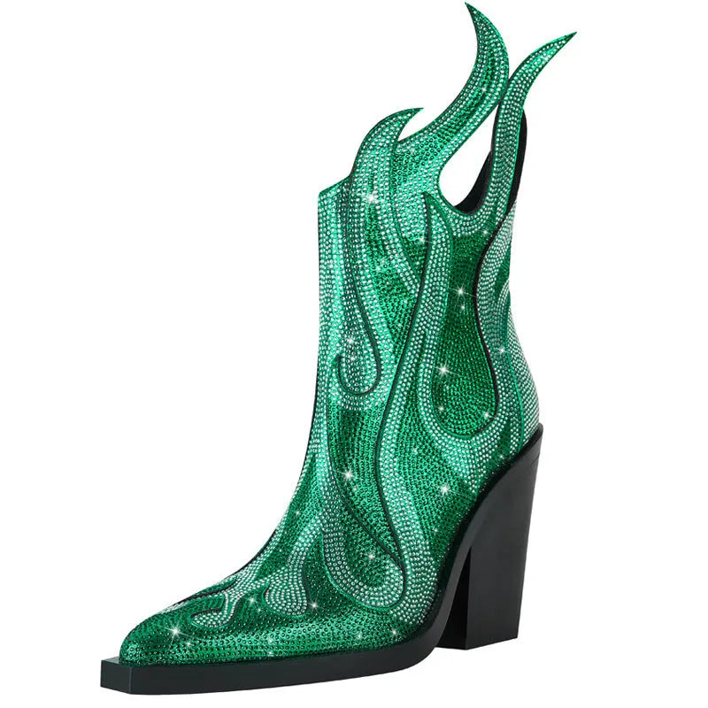 Women's black square toe martin boots with chunky heel, rhinestone flame detail, and side zip.