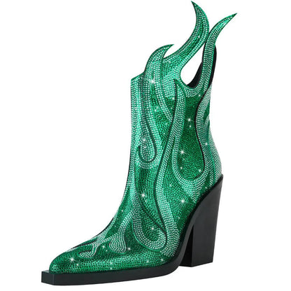 Women's black square toe martin boots with chunky heel, rhinestone flame detail, and side zip.
