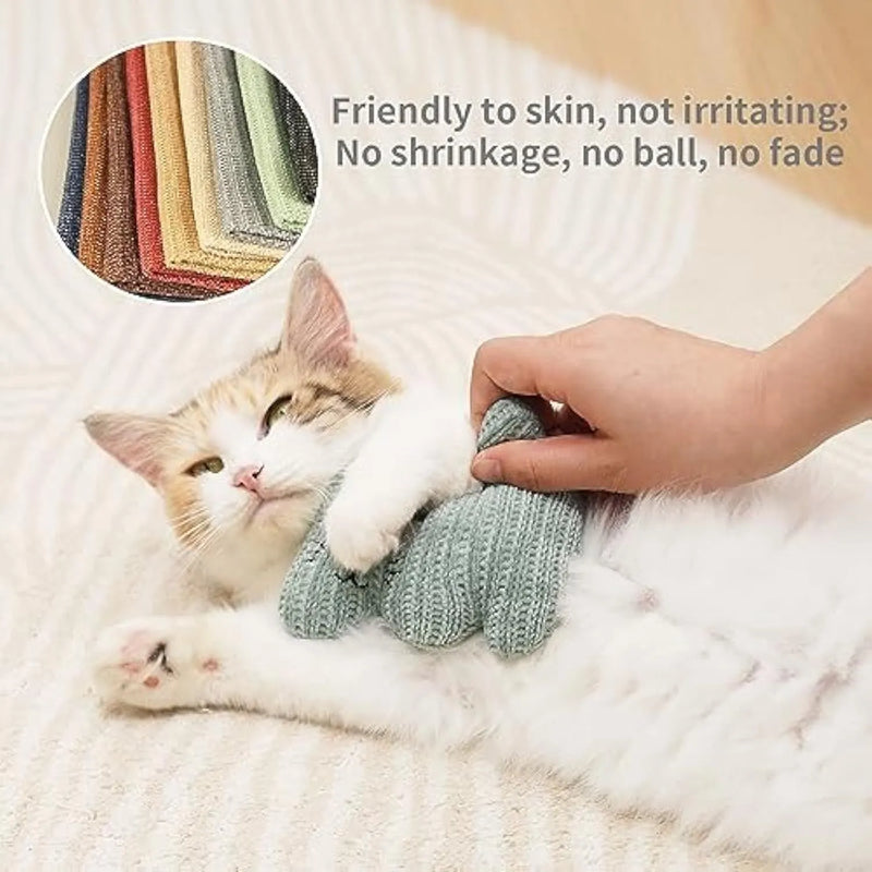 Catnip toy for cats and kittens with knitted plush cover, organic catnip stuffing, and internal bell, bite-resistant rope construction measures 12 cm by 11 cm, ideal for chewing, scratching, and carrying in cyan or light coffee colour.