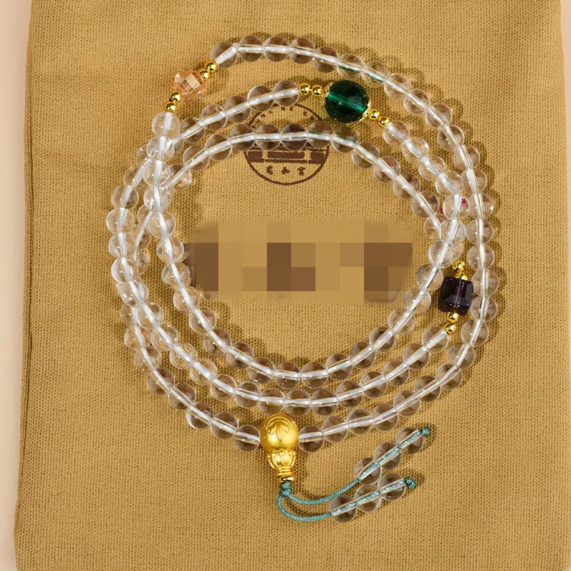 White crystal 108 bead rosary bracelet with geometric ethnic style