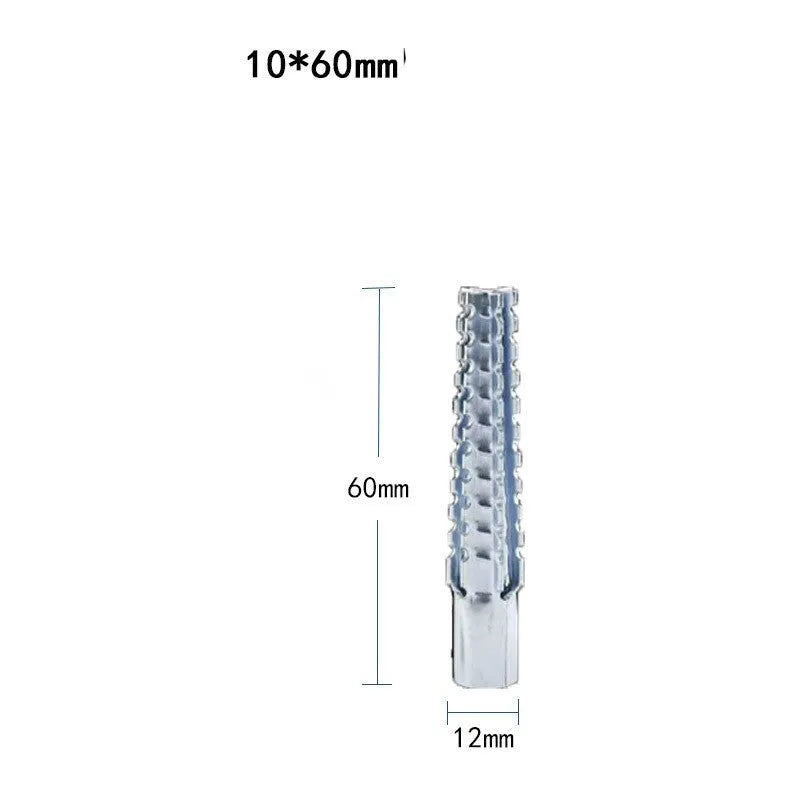 Barbed serrated metal expansion screw anchor for brick and concrete walls in various sizes.