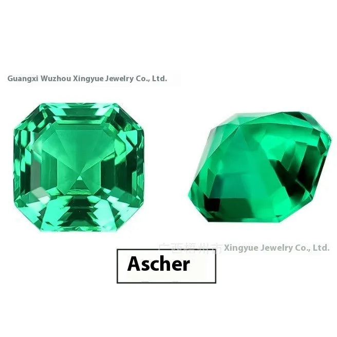 Cultivated emerald gemstone in Columbia green treasure colour showing round and grandmother cut shapes